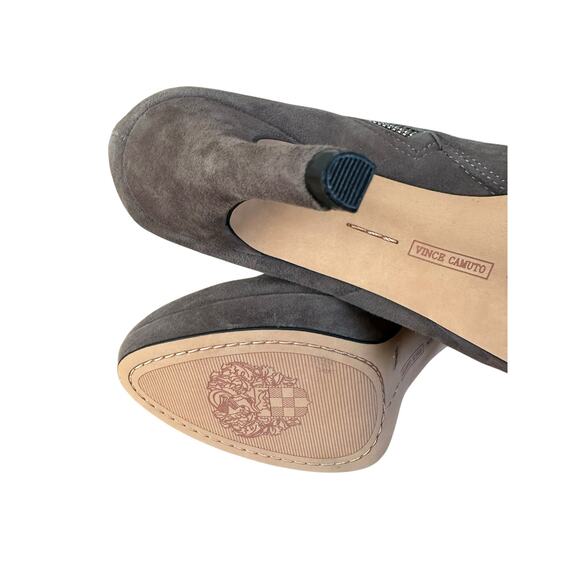 NEW Vince Camuto Stiletto Dark Gray Suede Ankle Logo Zipper Elvin Booties 8.5 - Picture 11 of 12